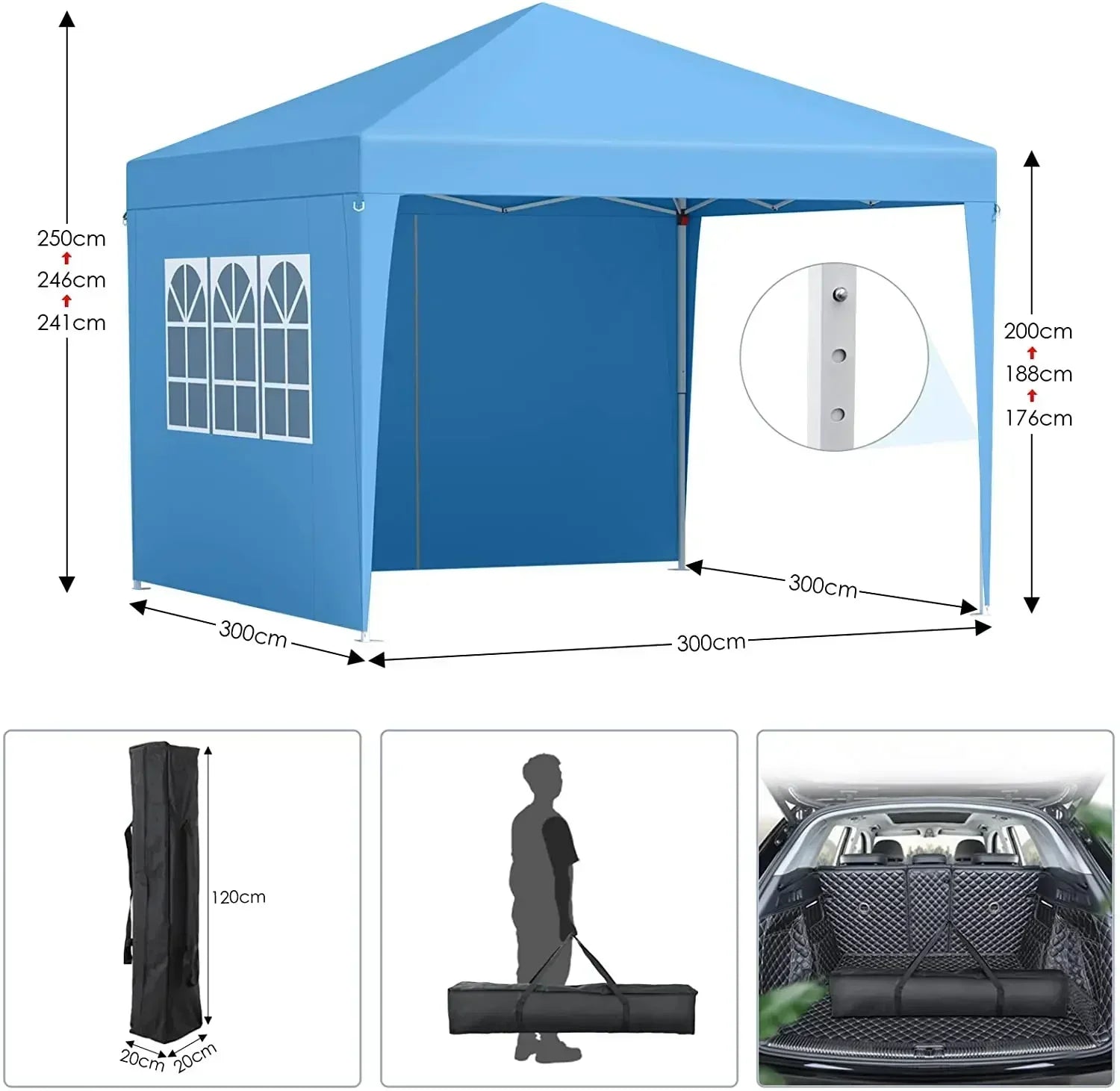 3x3m Sunshade Gazebo Portable Outdoor Rainproof Tent Adjustable Sides Party Garden Picnic Shade Shelter Include Top Canopy Frame