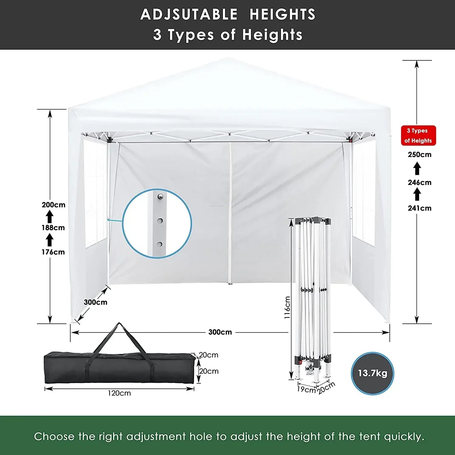 3x3m Sunshade Gazebo Portable Outdoor Rainproof Tent Adjustable Sides Party Garden Picnic Shade Shelter Include Top Canopy Frame