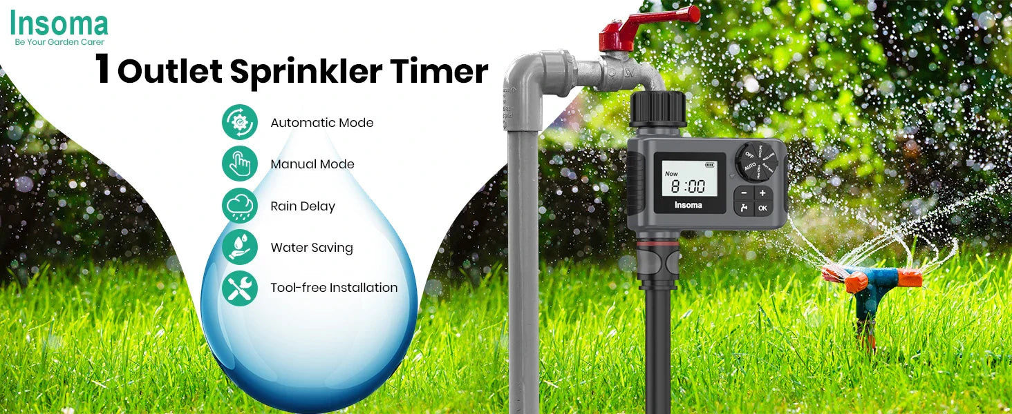 Insoma Automatic Water Timer Intelligent Irrigation Watering System Sprinkler Timer Garden Programmer Equipment IPX5 LCD Display