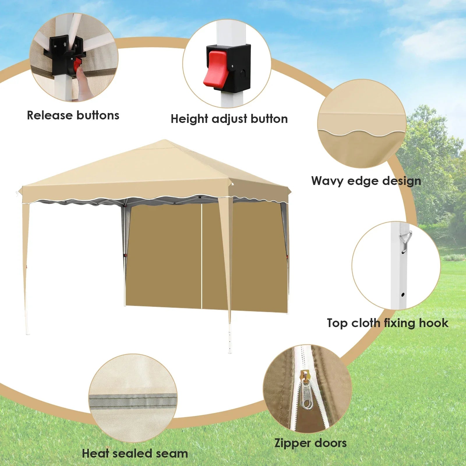 3x3m Sunshade Gazebo Portable Outdoor Rainproof Tent Adjustable Sides Party Garden Picnic Shade Shelter Include Top Canopy Frame