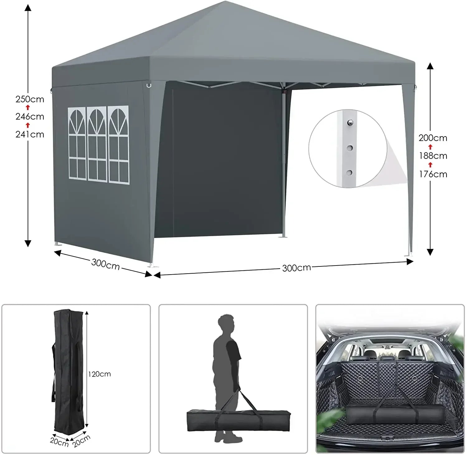 3x3m Sunshade Gazebo Portable Outdoor Rainproof Tent Adjustable Sides Party Garden Picnic Shade Shelter Include Top Canopy Frame