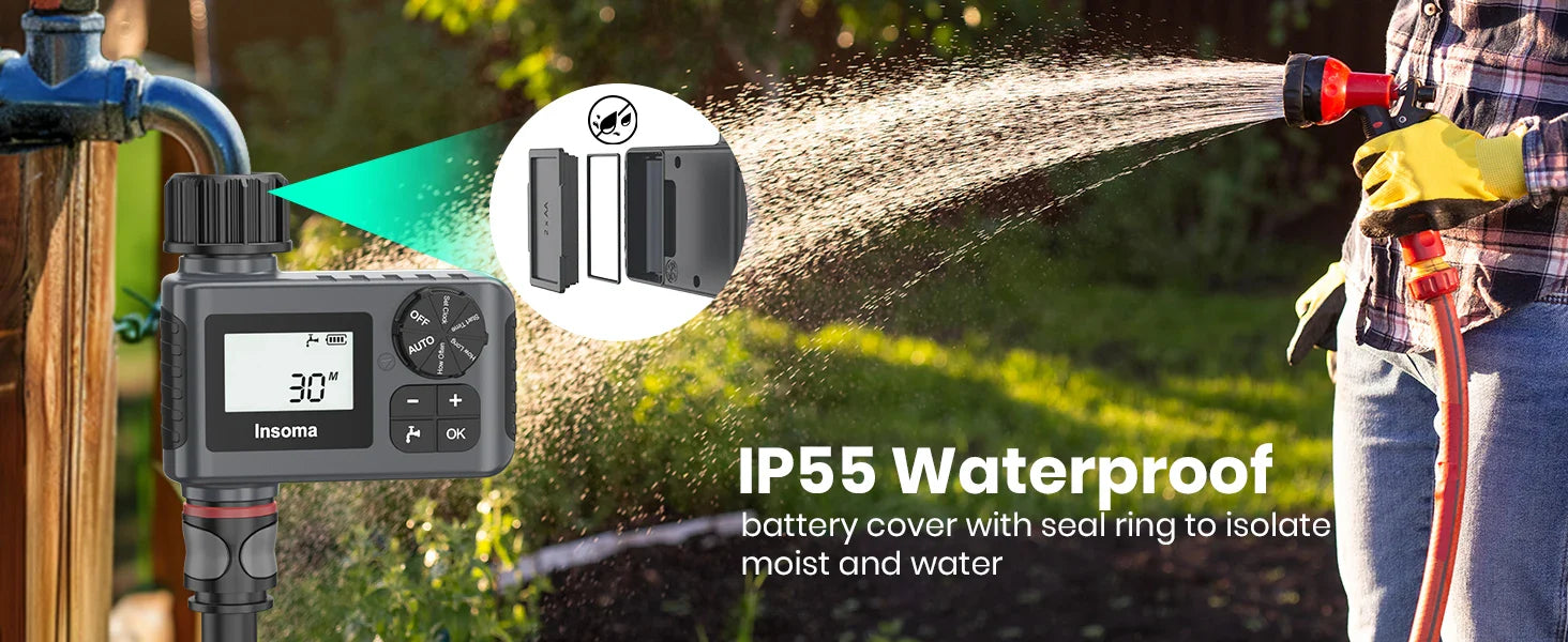 Insoma Automatic Water Timer Intelligent Irrigation Watering System Sprinkler Timer Garden Programmer Equipment IPX5 LCD Display