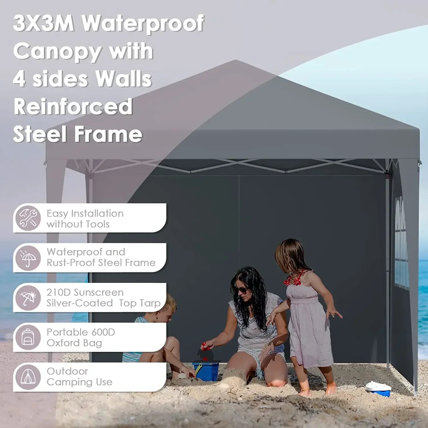 3x3m Sunshade Gazebo Portable Outdoor Rainproof Tent Adjustable Sides Party Garden Picnic Shade Shelter Include Top Canopy Frame